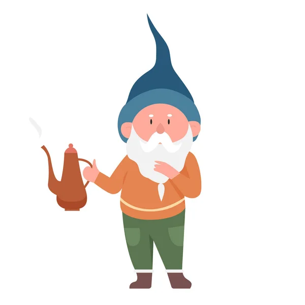 Gnome Com Chaleira Chá Personagem Conto Fadas Detém Bule Ilustração — Vetor de Stock