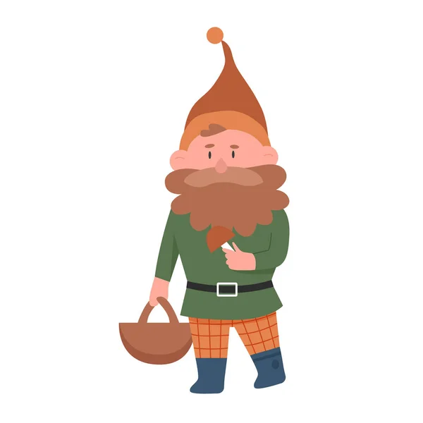 Gnome Com Cogumelo Anão Com Cesta Floresta Conto Fadas Personagem — Vetor de Stock