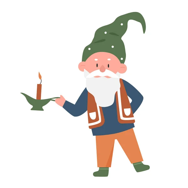 Anão Mágico Com Vela Gnome Masculino Conto Fadas Ilustração Vetor — Vetor de Stock
