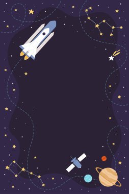 Çizgi film uzay gemisi gece gökyüzünde yol boyunca galaksiyi keşfetmek için uçuyor. Mavi evren, takımyıldız desenli arka plan, güneş sistemi yıldızlı gezegenler. Uzay keşfi dikey vektör çizimi