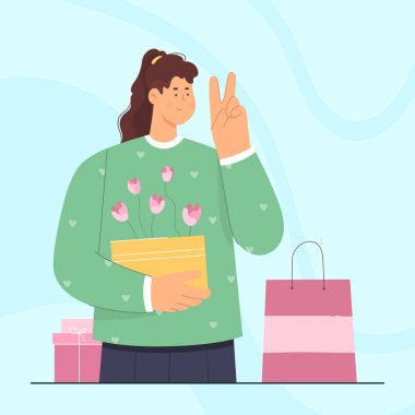 Perakende mağazalarında bahar satışları vektör illüstrasyonları. Çizgi filmdeki sevimli, mutlu kadın alışverişi başparmak hareketi, müşteri karakteri çanta ve pembe çiçekler arasında şık bir hediye taşıyor.