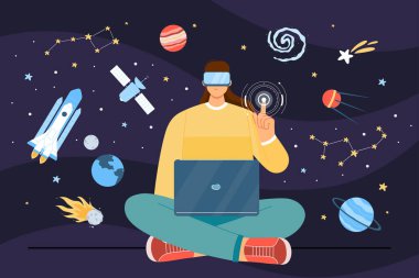Meta-evren ve sanal gerçeklik deneyimi vektör illüstrasyonunda uzay keşfi. Yıldız ve gezegenlerin gelecekteki hologramıyla çalışmak için VR gözlüklü çizgi film adamı dizüstü bilgisayarıyla oturuyor.