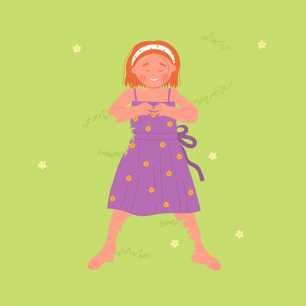 童年高瞻远瞩的概念 公园或花园的地毯草地上躺着快乐可爱的红头发姑娘 上图所示 — 图库矢量图片