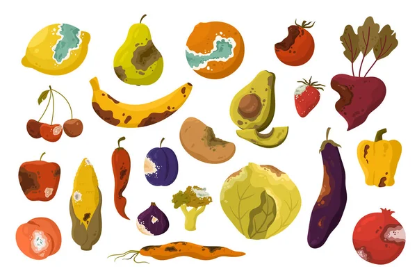 Rotten Vegetables Fruit Set Vector Illustration Cartoon Bad Unhealthy Products — Stock Vector