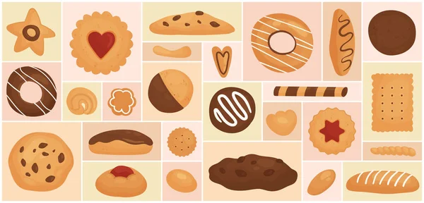 Κινούμενα Σχέδια Διάφορα Σνακ Ζάχαρης Ζαχαροπλαστική Συλλογή Μπισκότο Cracker Ντόνατ — Διανυσματικό Αρχείο