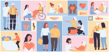 Çizgi filmdeki genç hemşireler yaşlı hastalara sarılıyor, kare şeklinde kolaj geçmişi olan yaşlı insanlara destek ve yardımda bulunuyorlar. Gönüllü, hayır kurumu konsepti. Gönüllüler yaşlı insanların vektör illüstrasyonunu kurmalarına yardım ediyor