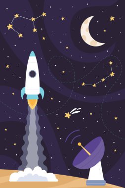 Galaksi uzayına roket fırlatma düşey konsept vektör çizimi