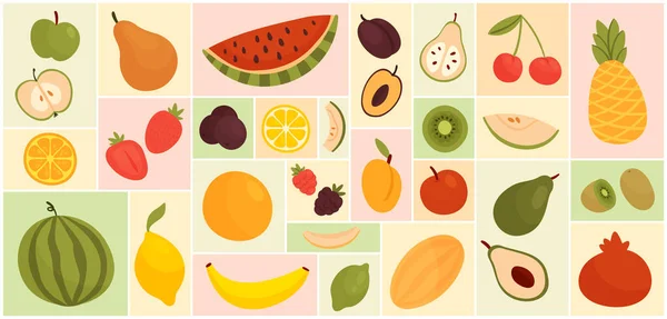 幾何学的なコラージュの背景にリンゴメロンストロベリーブルーベリー桃オレンジと漫画の夏のデザートコレクション 野生の森や庭のセットベクトルイラストから果物やベリー甘い食べ物 — ストックベクタ