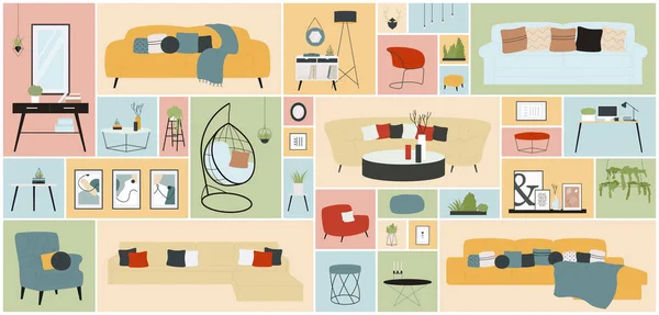 Desenhos Animados Coleção Decoração Sala Estar Com Sofá Cadeira Sofá — Vetor de Stock