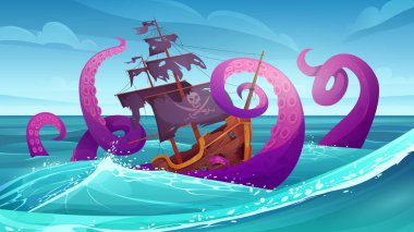 Battle between giant octopus and pirate ship in sea landscape vector illustration. Cartoon fairytale monster sinking corsair boat with cannons in water waves, perilous ancient kraken and broken ship clipart
