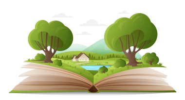Açık kitap vektör illüstrasyonunun kağıt sayfalarında yaz ormanı manzarası. Karikatür sihirli bahar doğası ağaçlar ve dağlar, gölün suyu ve şirin aile evi, masal kitabındaki fantezi macerası