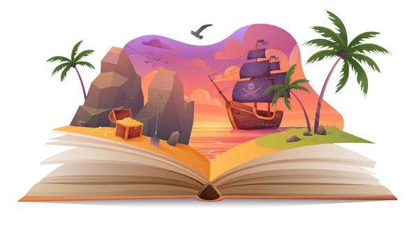 Відкрита Книга Веселою Історією Про Пригоди Піратського Корабля Дітей Векторні — стоковий вектор