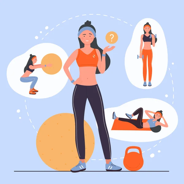 积极的女性考虑各种体育锻炼来说明问题 卡通女孩在健康的不同瑜伽或健身训练之间做出选择 拿着问号 — 图库矢量图片