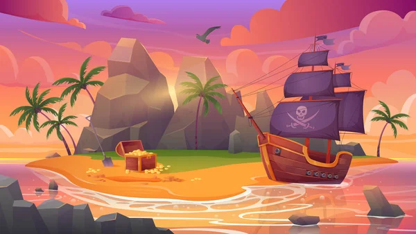 海盗岛与船和宝箱在海上或海滨病媒说明 卡通片海上探险背景或海报与珊瑚主题 木船与大炮寻找黄金 — 图库矢量图片