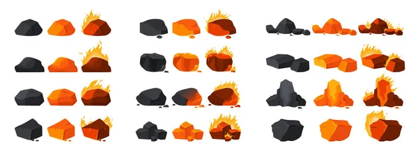 Secuencia Combustión Carbón Set Vector Ilustración Caricatura Aislada Pila Caliente — Vector de stock