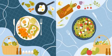 Yumurtalı avokado tostu, sabah kahvaltısı restoranı ya da kafe menüsü. Mısır gevreği ekmekli sandviç, haşlanmış avokado ve kızarmış yumurta Akdeniz diyeti. Yeşil marul, dilimlenmiş domates, kırmızı biber vektörü üst görünüm