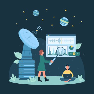 Uzay vektör çiziminden sinyal alınıyor. Çizgi film küçük insanlar radar anten raporunda grafik eşitleyici grafiklerini araştırmak için büyüteç tutuyorlar, yabancı gezegenin dijital mesajını alıyorlar.