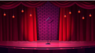Komedi tiyatrosu boş sahne vektör çizimi. Çizgi film konseri ya da stand-up canlı performans sahnesi. Tuğla duvarda retro kırmızı perdeler perdeler, kürsüde mikrofon ve asılı ışıklar.
