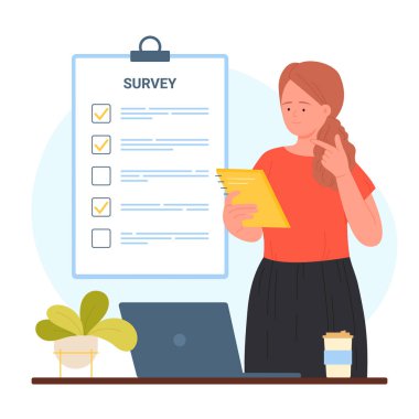 Anket, ofis karakter çizimi anketi. Karikatür kadını elinde kağıt çarşafla öncelikleri ve işaretli noktaları düşünmek için iş kadını panosundaki kontrol listesi belgelerini tutuyor.