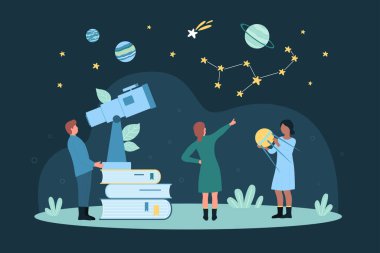 Research and study of astronomy vector illustration. Cartoon tiny people look at constellations of night sky and solar system planets through observatory telescope standing on stack of books clipart