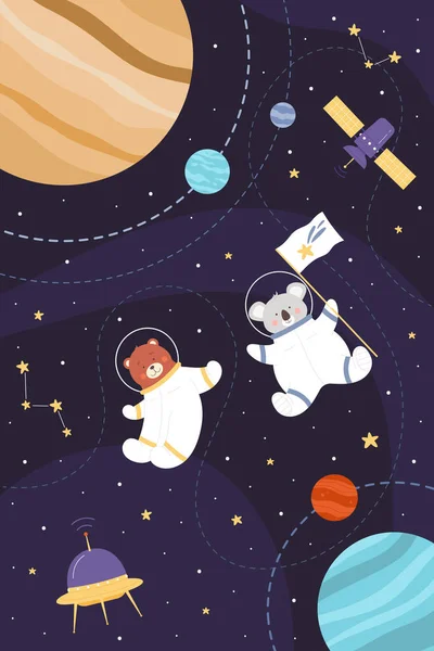 Space Adventure Astronaut Animals Vertical Vector Illustration Cartoon Childish Art — Stock Vector