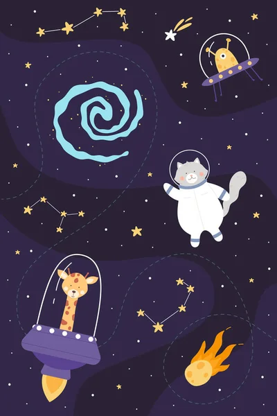 宇宙飛行士動物垂直ベクトルイラストの宇宙冒険 ロケット惑星 星座の星と銀河を飛んでヘルメットと宇宙服でかわいい探検家と漫画の子供っぽいアートデザイン — ストックベクタ