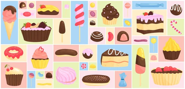Cartoon Süßwaren Und Bäckereimenükollektion Mit Leckerem Kuchen Muffin Cupcake Gelee — Stockvektor