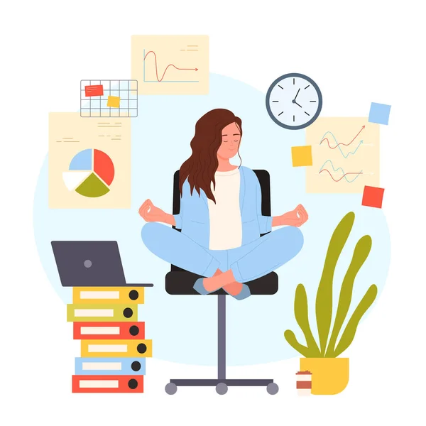 Kancelářská Práce Produktivita Vektorové Ilustrace Zaměstnanců Kreslená Mladá Podnikatelka Meditující — Stockový vektor