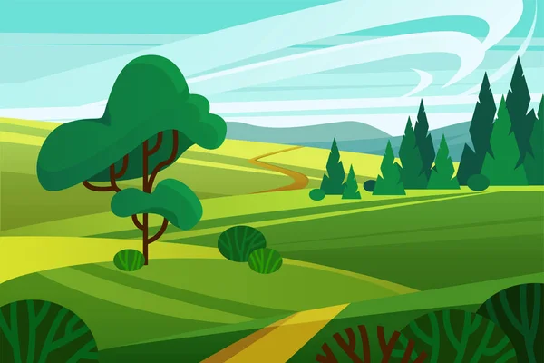 Летняя Зеленая Векторная Иллюстрация Ландшафта Мультипликационная Сельская Тропа Через Фермерские — стоковый вектор