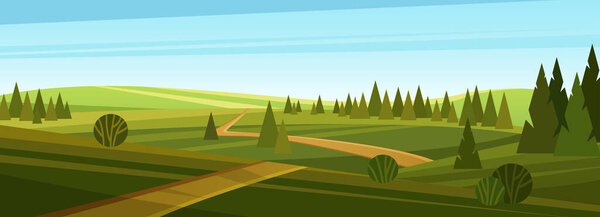 Векторная иллюстрация поля фермы. Мультфильм сельские луга пейзажи, сельская дорога к горизонту через зеленые луга пастбища с травой и деревьями в полях, летняя панорама сельхозугодий
