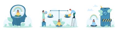 Zihinsel denge vektör çizimi. Çizgi filmlerdeki küçük insanlar beyin sağlığını dijital detoksla önemser, rahatlar ve Zen meditasyonunda gökkuşağıyla oturur, paranın dengesini kontrol eder ve sakin bir yaşam tarzı sergiler.
