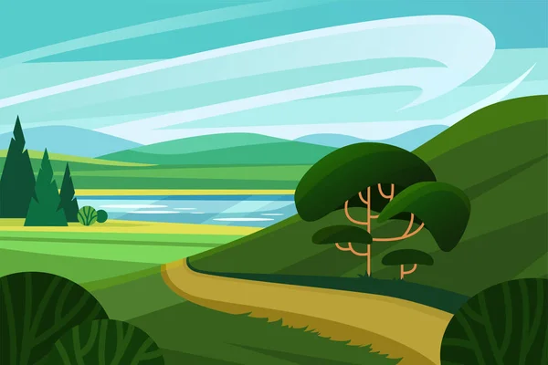 Zöld Vidék Táj Vektor Illusztráció Rajzfilm Aranyos Panoráma Völgy Táj — Stock Vector