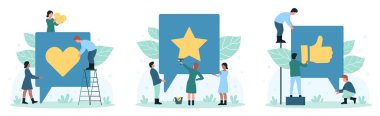 Sosyal medya geribildirimi vektör illüstrasyonunu ayarladı. Kalp, yıldız ve başparmağıyla baloncuklu mesajlar tutan çizgi film minicikleri blog bilgileri ve haberleri, araştırma servisini veya incelemeyi yanıtlamak ve yorumlamak için