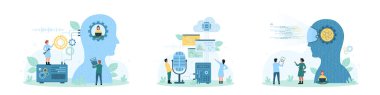 Yapay zeka hizmeti ve dijital ağ teknolojisi vektör illüstrasyonunu ayarladı. Çizgi filmlerde küçük insanlar bilgisayarlarla, beyinde yapay zeka, insan kafasında devre, mikrofon ve ses asistanı ile çalışır.
