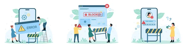 Netwerk Fout Account Block Set Vector Illustratie Cartoon Kleine Mensen — Stockvector