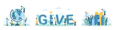 Charity vektör illüstrasyonunu ayarladı. Çizgi filmlerdeki küçük insanlar Dünya 'daki dünyaya sevgi ve kalp bağışlıyor. Nazik gönüllüler ellerinde 