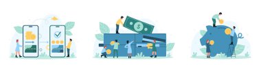 Para işlemi, ödeme ve yatırım vektör illüstrasyonunu belirledi. Çizgi filmlerdeki küçük insanlar cep telefonu ve elektronik cüzdan gibi cep telefonu uygulamalarıyla para alıp gönderiyorlar, domuzcuk bankasında altın para biriktiriyorlar.