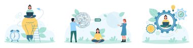 Seti vektör illüstrasyonunda verimlilik. Çizgi filmdeki küçük insanlar zor sorunları zekice çözümler ile çözer, enerji ve motivasyon dolu batarya ile karmaşık düğümleri düşünür ve çözer.