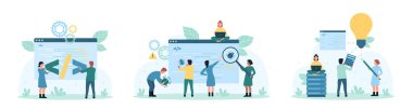 Program kodu geliştirme ve test vektör çizimi. Çizgi filmlerdeki küçük insanlar hata ve hatalara büyüteçle bakıyorlar, programcılar ve testçiler uygulamaların kalitesini geliştiriyorlar.