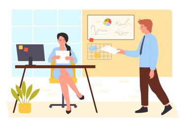 Sekreter, bayan patron vektör illüstrasyonuna iş belgesi veriyor. Çizgi filmdeki kendine güvenen genç kadın bilgisayarla masada oturuyor, iş yerinde belge okuyor, ofis çalışanlarının evraklarını dolduruyor.