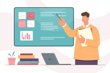 Öğretmen vektör illüstrasyonu ile iş eğitimi. Çizgi film konuşmacısı, sınıfta ders veren izleyiciler, gemide grafik sunumu yapan özgüvenli kişi, ofis uzmanından ders.