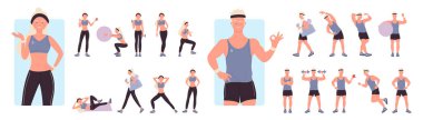 Spor eğitmenlerinin pozları vektör illüstrasyonunu belirler. Çizgi film, erkek ve kadın izole edilmiş sarışın karakterler ayakta duran ve halterli kasları çalıştıran profesyonel spor eğitmenleri.