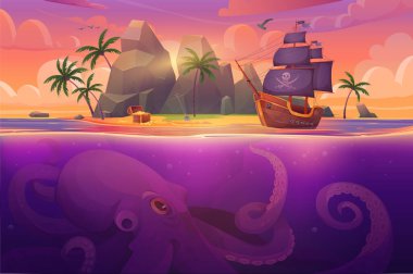 Korsan gemisi ve dev sualtı ahtapot çizimi olan tropik ada manzarası. Karikatür denizi ya da okyanus oyunu macera şablonu hazine sandığı ve canavar için yelken açan bir tekne.