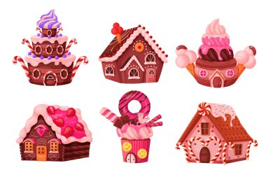 Candy houses set vector illustration. Cartoon isolated gingerbread, chocolate cake and cupcake fantasy buildings for fairy tale land with cookies and donuts, candy caramel and ice cream decoration clipart