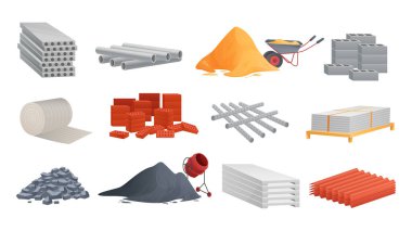 İnşaat malzemeleri ve ekipmanlar vektör illüstrasyonunu ayarlıyor. Beton karışımı çimento yığını, boru, tuğla ve taş yığını, taş ve kum yığını inşaat ve yenileme için el arabası