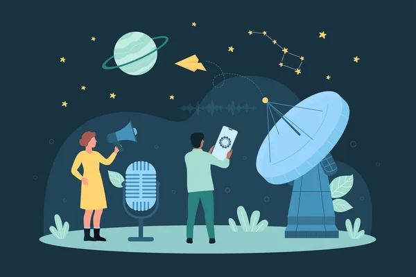 Satellite Technology Communication Vector Illustration Cartoon Tiny People Holding Megaphone — Stock Vector