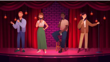 Standup, sahnede mikrofonlu dört komedi şovu. Çizgi film kadın hoparlörleri oturuyor ve ayakta duruyor. Gece kulübünde mikrofonlu bir adam ve kadın şaka yapıyor.