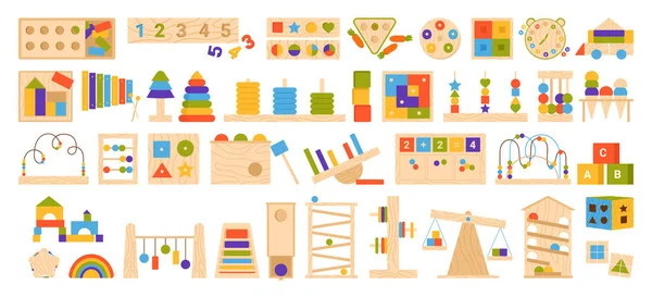 Eğitim Mantığı Montessori Oyunları Için Tahta Oyuncaklar Vektör Illüstrasyonunu Belirler — Stok Vektör