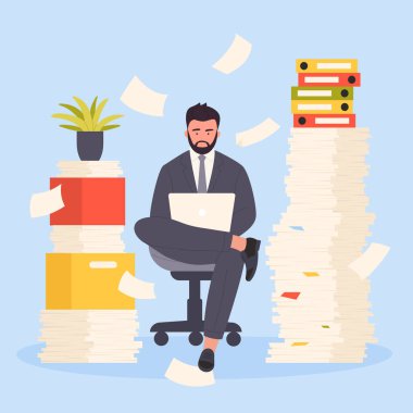 Ofis temsilciliğinde evrak işleri ve bürokrasi. Çizgi film işkolik işadamı dizüstü bilgisayarla koltukta oturuyor. Büyük kağıt yığınları ve klasörler arasında. Adamın üzerinde uçan çarşaflar.