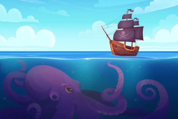 Cartoon Sea Ocean Game Adventure Background Template Boat Sailing Treasure — Stock Vector